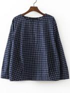 Romwe Navy Grid Letter Embroidery Blouse