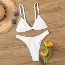Romwe Ribbed Triangle Top With High Leg Bikini Set