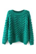 Romwe Wave Knitted Sheer Green Jumper