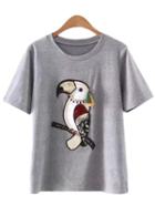Romwe Grey Short Sleeve Diamond Tassel Bird Sequined T-shirt