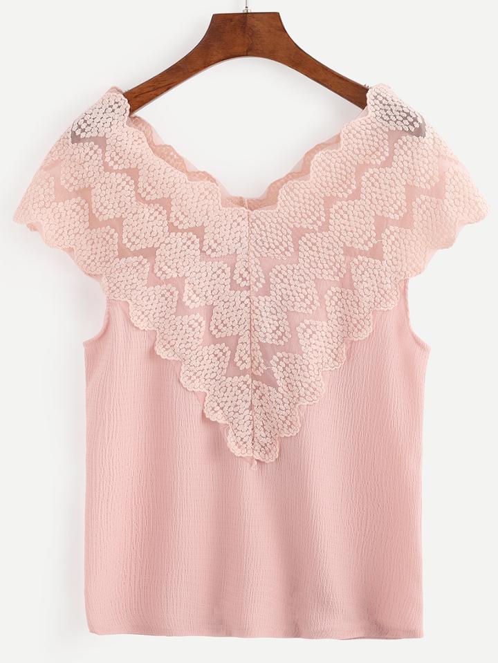 Romwe Pink Embroidered Mesh V Neck Top