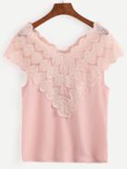 Romwe Pink Embroidered Mesh V Neck Top