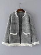 Romwe Contrast Fringe Trim Tweed Jacket