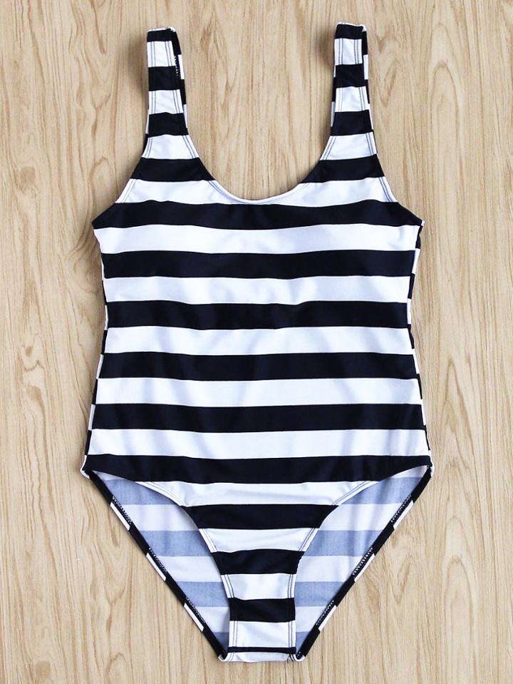 Romwe Two Tone Striped Print Scoop Neck Swimsuit