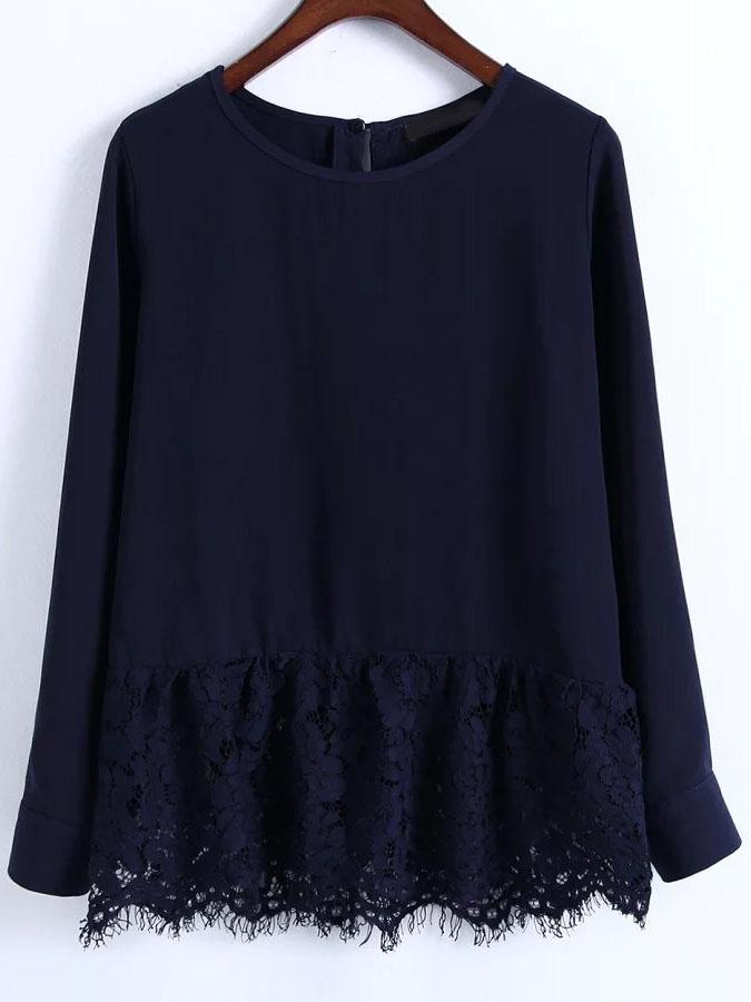 Romwe Navy Lace Hem Round Neck Casual Top