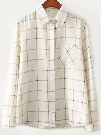 Romwe Lapel Plaid Pocket Beige Blouse