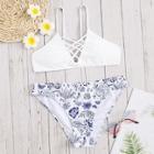 Romwe Criss Cross Top With Random Leaf Bikini Set