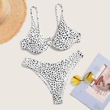 Romwe Dalmatian Print Underwired Top With High Cut Bikini Set