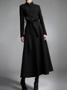 Romwe Stand Collar Buttons Belt Long Black Coat