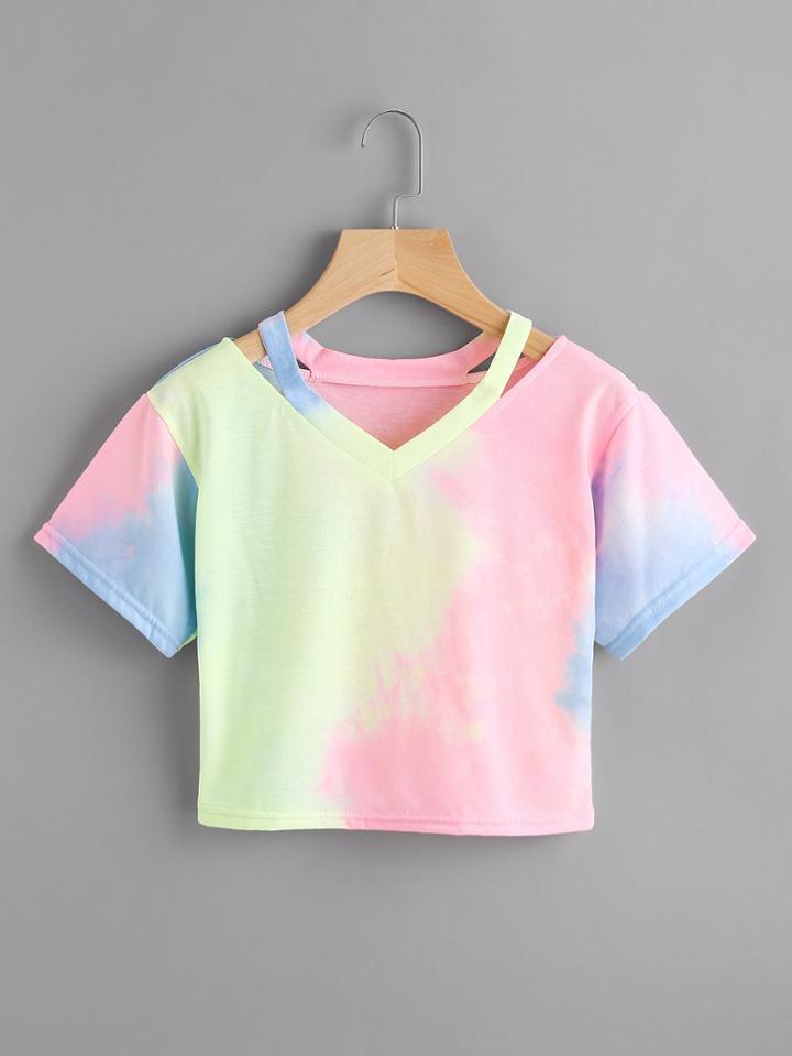 Romwe Cut Out Neck Water Color Tee