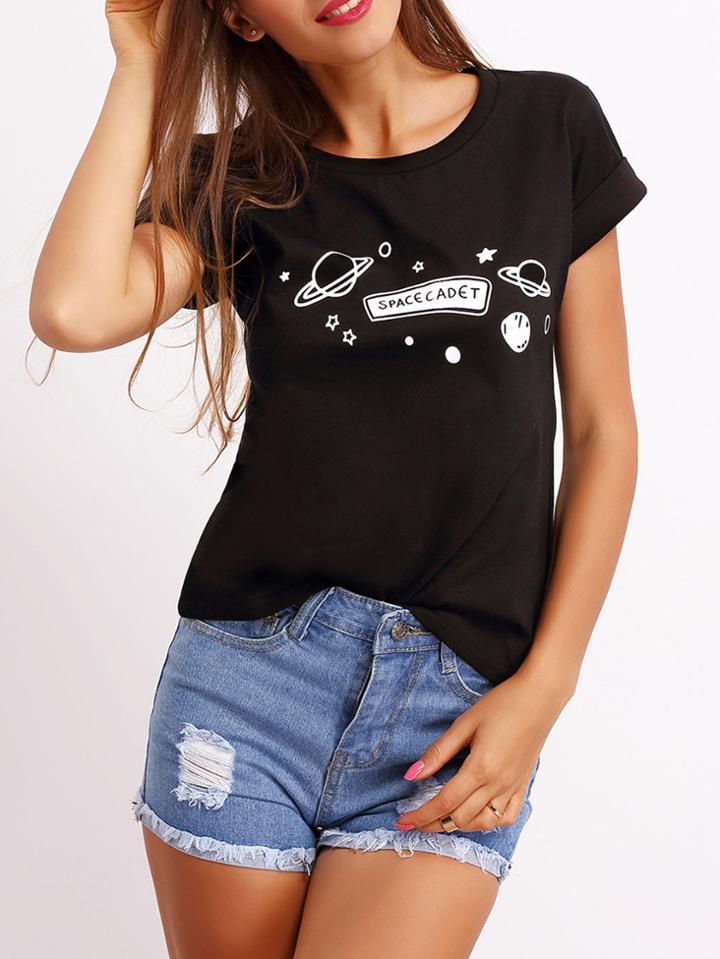 Romwe Space Cadet Print T-shirt