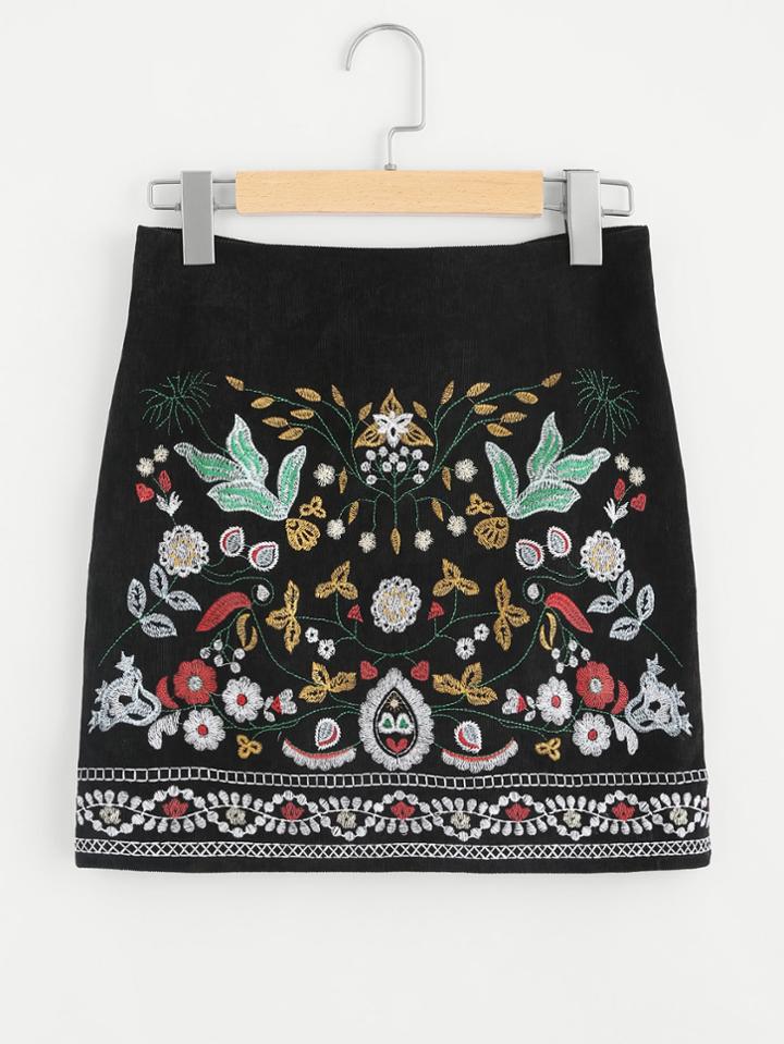 Romwe Botanical Embroidered Cord Skirt