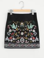 Romwe Botanical Embroidered Cord Skirt