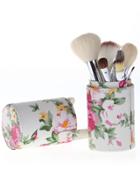 Romwe Pink 12pcs Wool Makeup Brush Set With Florals Bucket Cylinder
