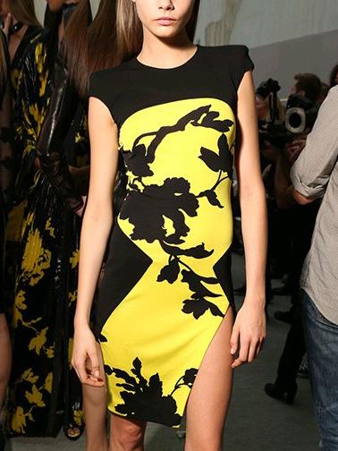 Romwe Contrast Branch Print High Slit Sheath Dress