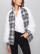 Romwe Frilled Mesh Raglan Sleeve Checkered Tweed Jacket