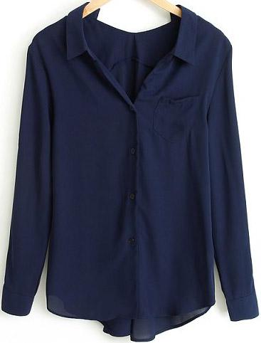 Romwe V Neck Dip Hem With Pocket Navy Blouse
