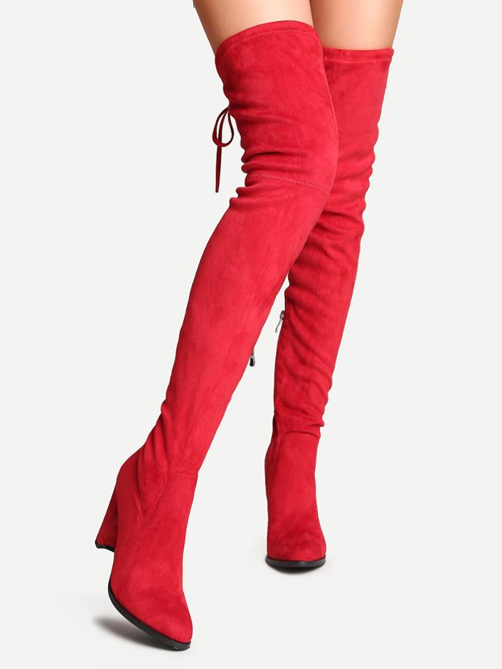 Romwe Red Faux Suede Tie Back Over The Knee Boots