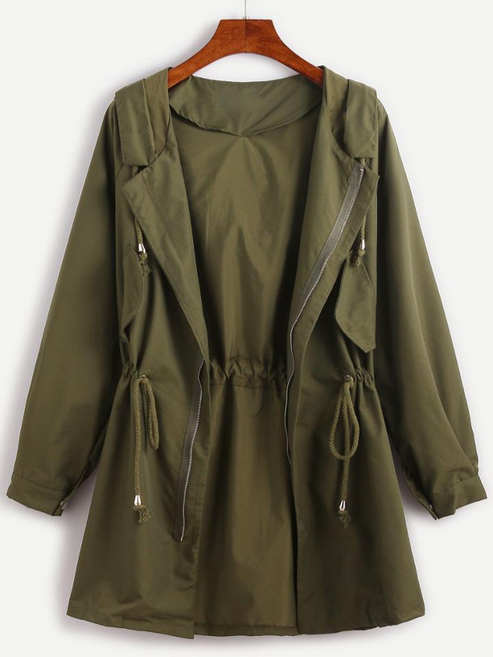 Romwe Army Green Raglan Sleeve Drawstring Hooded Coat