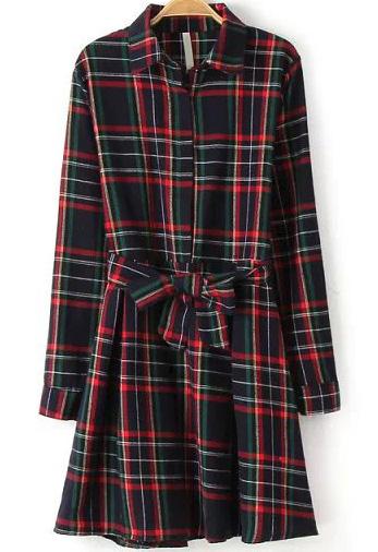 Romwe Navy Lapel Long Sleeve Plaid Belted Dress