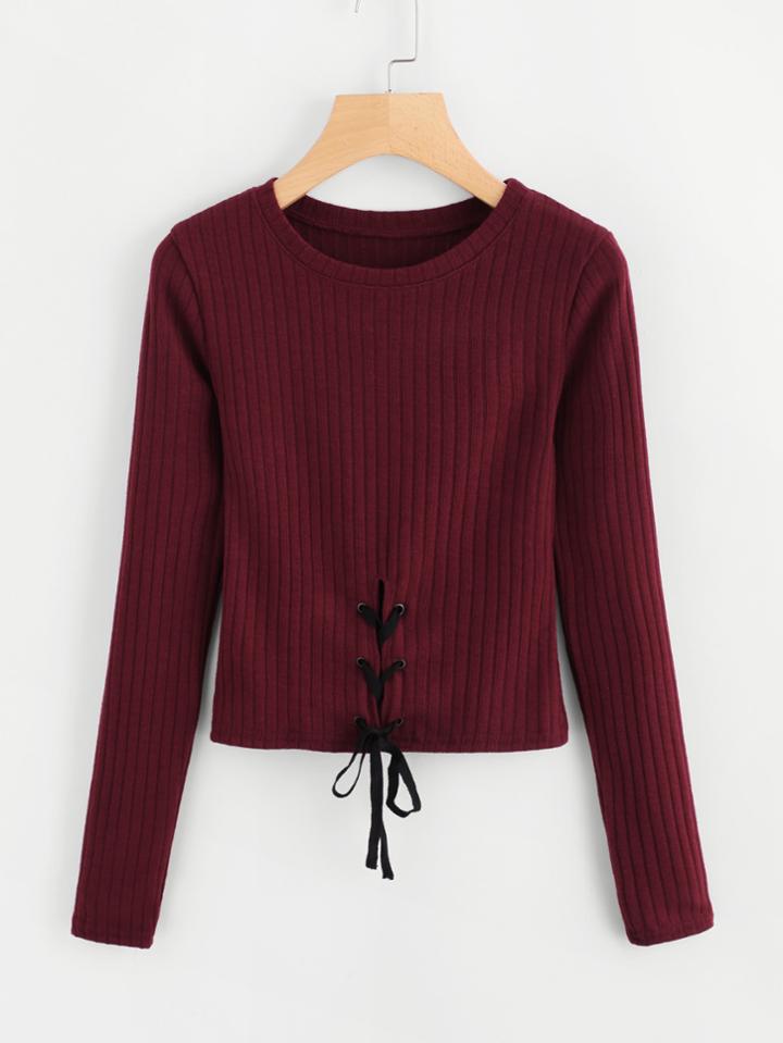 Romwe Eyelet Lace Up Knit Sweater