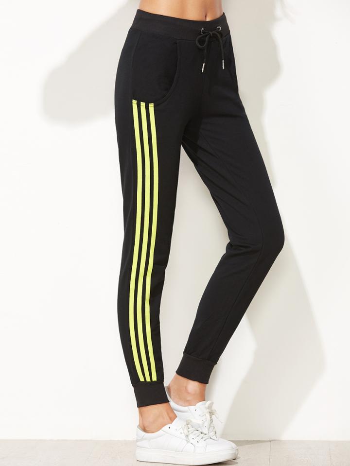 Romwe Black Striped Side Tie Waist Beam Port Pants