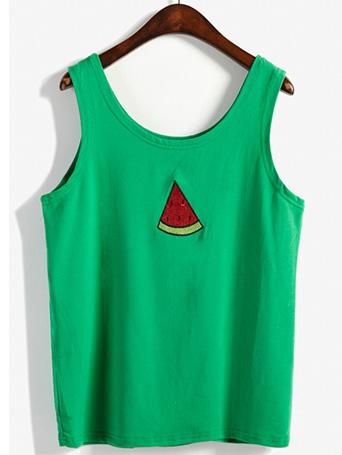 Romwe Green Watermelon Embroidery Tank Top