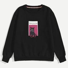 Romwe Guys Cat & Letter Print Sweatshirt