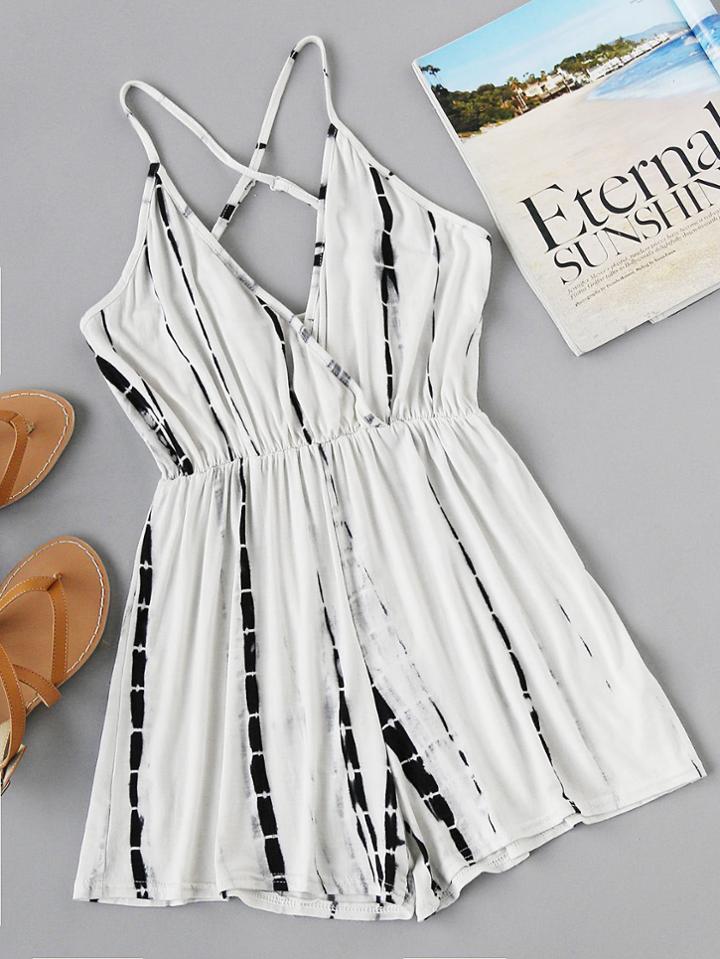 Romwe Water Color Criss Cross Back Surplice Romper