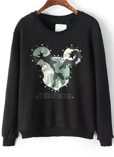 Romwe Black Long Sleeve Mickey Print Bead Sweatshirt