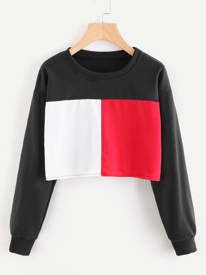 Romwe Cut And Sew Panel Crop Pullover