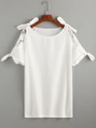 Romwe White Lace Insert Tie Sleeve T-shirt