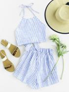 Romwe Striped Bow Tie Open Back Top With Shorts