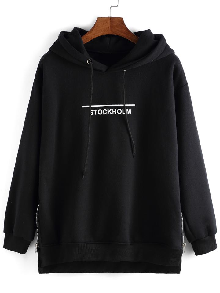Romwe Hooded Letter Print Drawstring Zippers High Low Sweatshirt