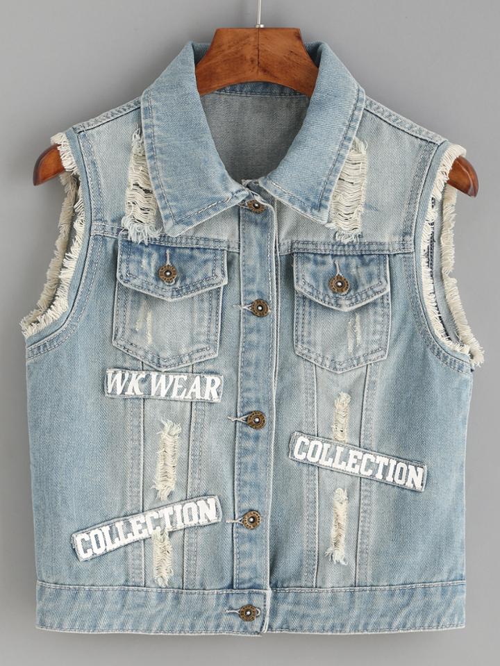 Romwe Blue Letter Print Patch Frayed Denim Vest