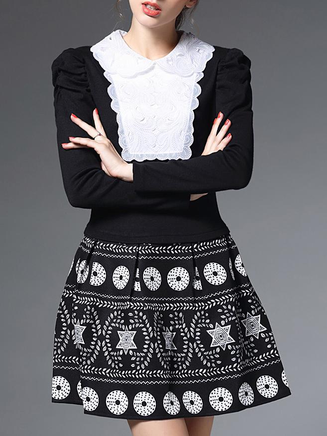 Romwe Black Lapel Long Sleeve Print Dress