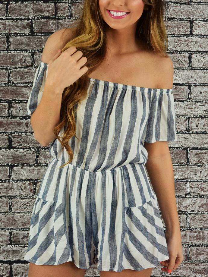 Romwe Light Blue Off The Shoulder Vertical Striped Romper