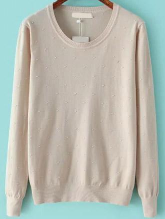 Romwe Round Neck Embellished Grey Sweater