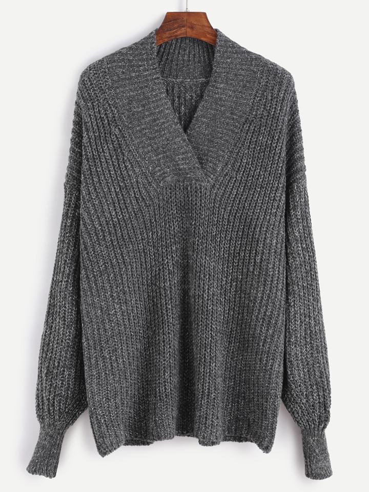 Romwe Grey V Neck Dropped Shoulder Seam Sweater