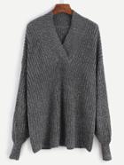 Romwe Grey V Neck Dropped Shoulder Seam Sweater