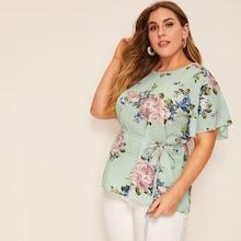 Romwe Plus Floral Print Self Tie Blouse