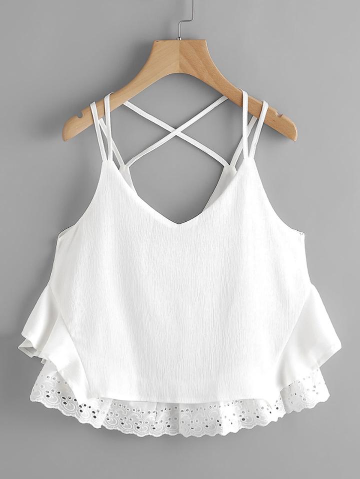 Romwe Lace Hem Criss Cross Back Pleated Cami Top