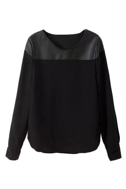 Romwe Pu Panel Black Blouse
