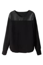 Romwe Pu Panel Black Blouse