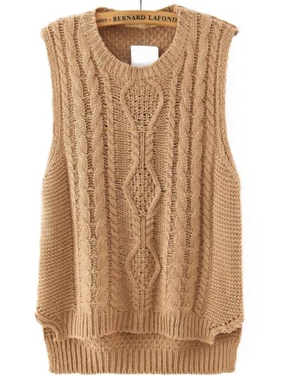Romwe Cable Knit Dip Hem Khaki Vest