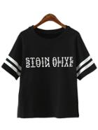 Romwe Black Short Sleeve Stripe Letter Printed T-shirt