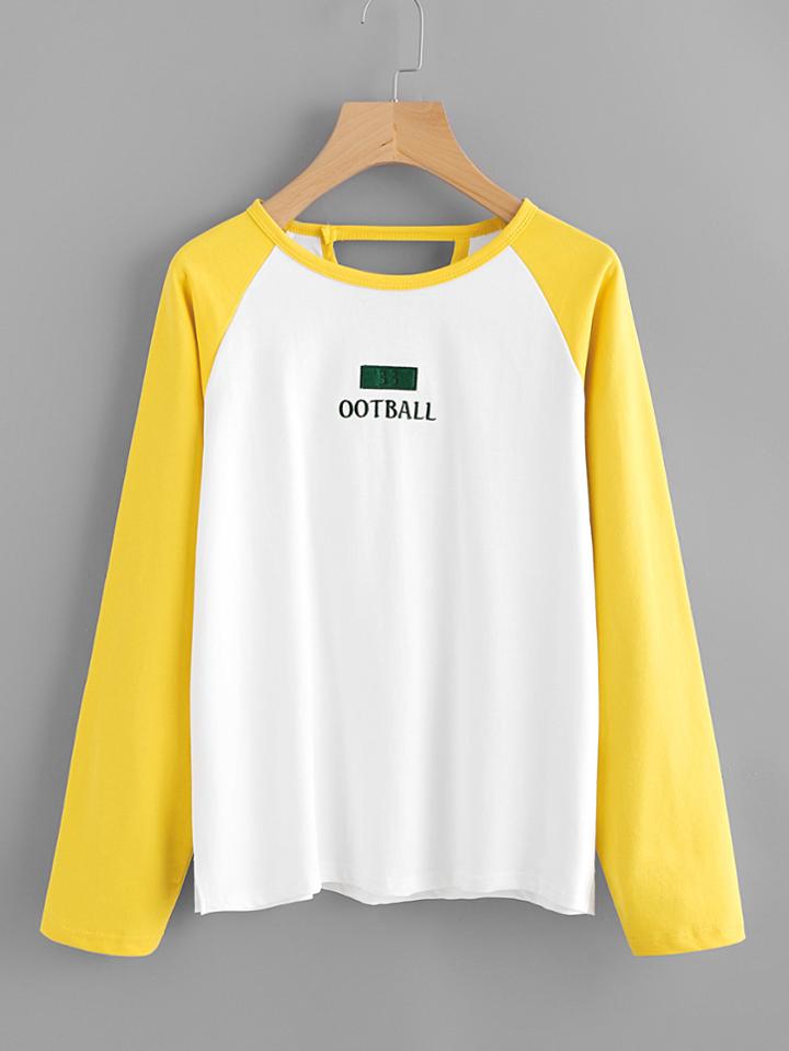 Romwe Raglan Sleeve Embroidered Cut Out V Back Sweatshirt
