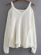Romwe White Cold Shoulder Asymmetrical Hem Sweater