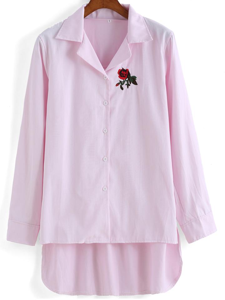 Romwe Lapel Dip Hem Rose Embroidered Blouse