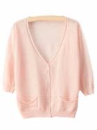 Romwe Pink V Neck Pockets Buttons Cardigan Sweater